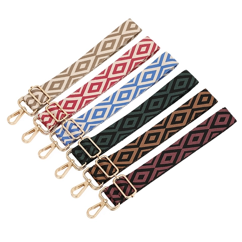 Wide Bag Strap Replacement Adjustable Polyester Woven Geometric Rhombic Pattern For Crossbody Shoulder Bags Metal Buckles