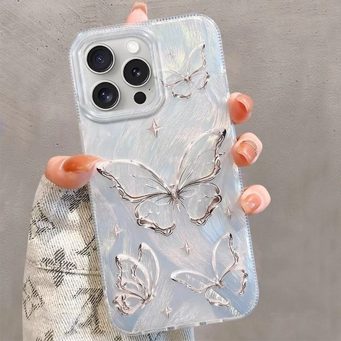 Silver 3D Butterfly Phone Case Holographic Iridescent TPU Shockproof Cover Dreamy Starburst Pattern For Women