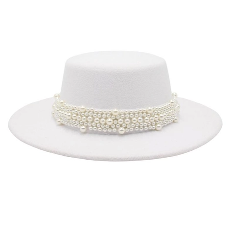 Elegant Boater Hat For Women French Style Wide Brim Flat Top Wool Felt Hat With Faux Artificial Pearl Vintage Fedora