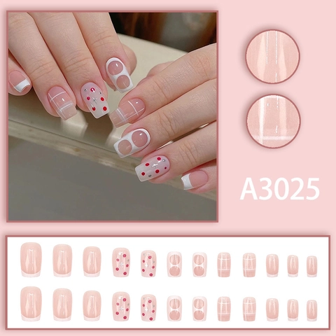 Unghie Finte Quadrate French Press On Motivo A Pois E Quadri Rosa Nude Bianco Unghie Artificiali Lucide Per Donne Manicure DIY