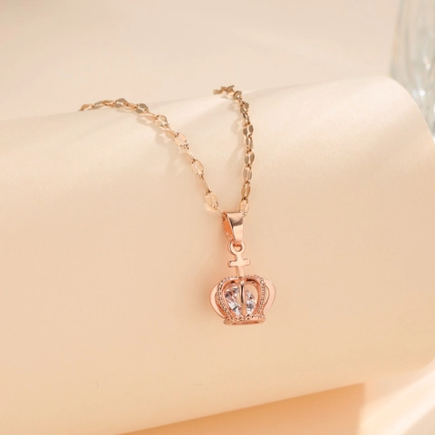 Krone Anhänger Halskette Roségold Edelstahl Zirkon Hohl Kreuz Spitze Eleganter Schmuck Für Damen