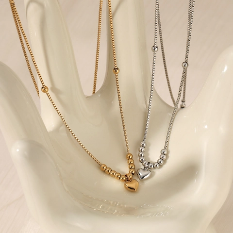 Heart Pendant Necklace PVD Gold Plated Stainless Steel Beaded Box Chain Waterproof Non Tarnish Korean Style For Women
