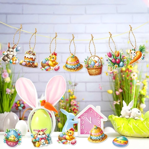 Easter Hanging Tags Decoration Bunny Egg Chick Flower Cardstock Festive Party Decor Ornament With Hemp Rope