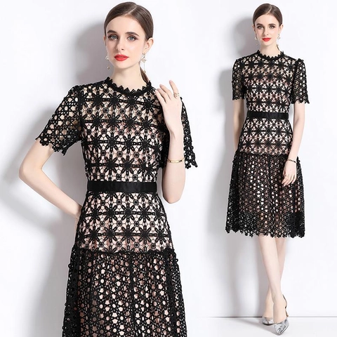 Abito Midi Elegante In Pizzo Floreale Traforato Da Donna Manica Corta Girocollo Con Cintura A-Line Party Sera