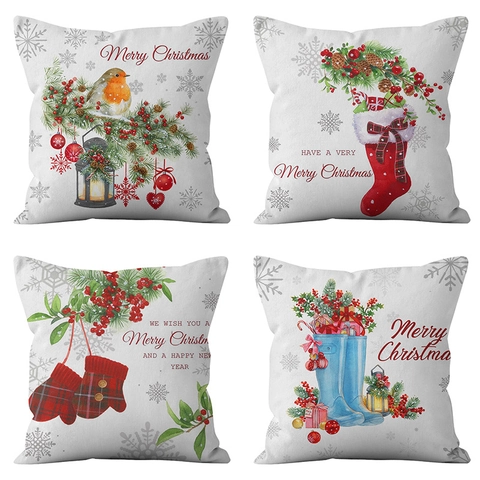 Housse De Coussin De Noël Lin Aquarelle Oiseau Bas De Noël Décoration Festive Maison Canapé