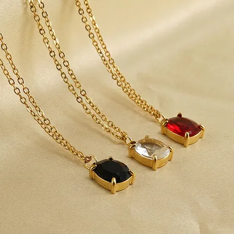 Collier Femme Acier Inoxydable Pendentif Zircone Plaqué Or 18K Géométrique Ovale Zircon Cubique Bijoux Mode