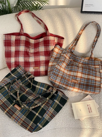 Borsa Tote Vintage In Lana A Quadri Grande Capacità Tessuto Scamosciato Borsa A Spalla Estetica Retro Casual Per Donne
