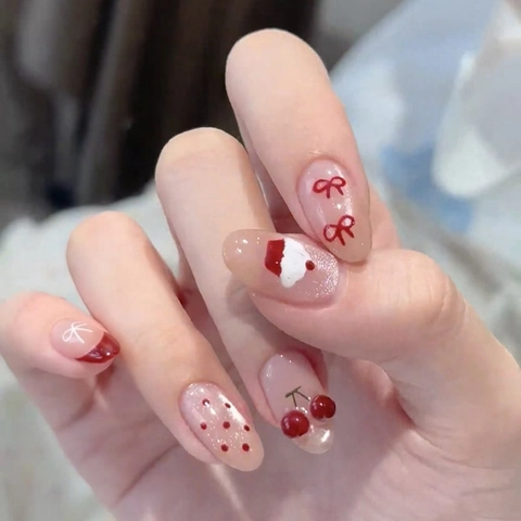 Cat Eye Press On Nägel Rosa Erdbeerkuchen Design Rote Schleife Kirsche Polka Dot ABS Handgefertigt Süß Festlich Damen