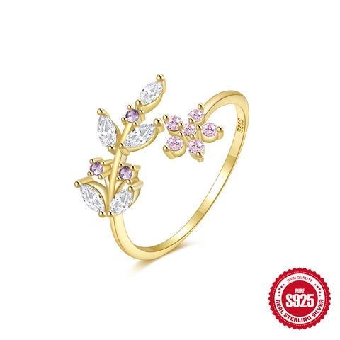 925 Sterling Silver Ring Flower And Leaf Design With Marquise White And Pink Zircon Adjustable Open Jewelry For Women