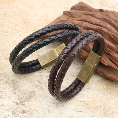 Bracelet En Simili Cuir Tressé Rétro Multicouche Punk Fermoir Magnétique En Alliage Bijou Fait Main Décontracté Unisexe