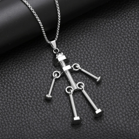 Collier Pendentif Robot Industriel Avec Chaîne À Mailles Carrées En Acier Inoxydable Et Design Vis Écrou En Alliage
