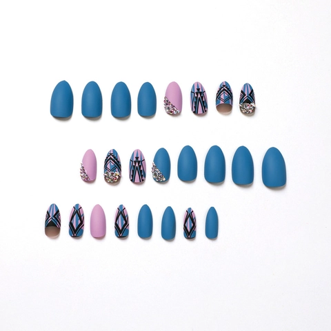 Matte Blue Purple Press On Nails Geometric Tribal Pattern Rhinestone Long Stiletto Fake Nails Artificial Manicure