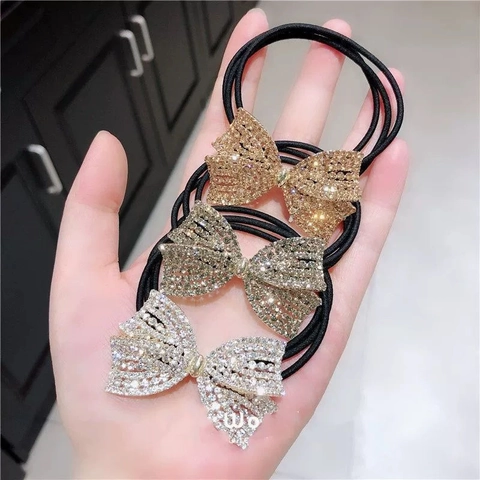 Elastici Per Capelli Con Fiocco In Strass Luccicanti Stile Francese Eleganti Supporto Per Coda Di Cavallo Alta Elasticità Per Ragazze