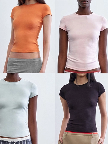 Women Slim Fit T-Shirt American Retro Cotton Blend Round Neck Short Sleeve Solid Color Summer Cropped Top
