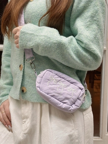 Mini Crossbody Bag For Women Embroidered Bow Padded Quilted Small Phone Bag With Adjustable Wide Strap