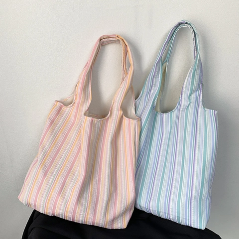 Borsa Tote A Righe In Tela Seersucker Grande Capacità Borsa A Spalla Stile Letterario Fresco Per Donne