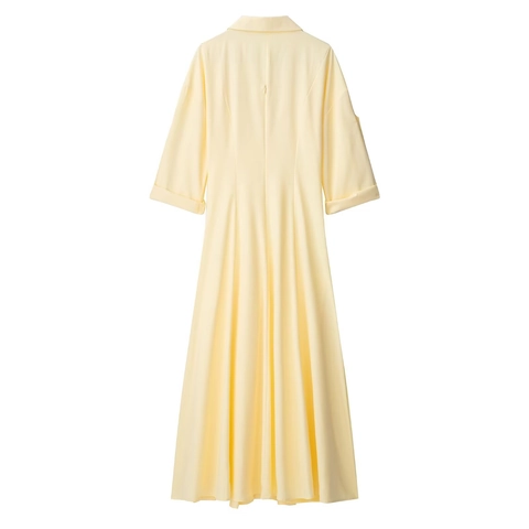 Vestido Camisero Maxi De Color Amarillo Pálido Liso Con Cuello En V Poliéster Mangas Ajustables Vestido Elegante De Oficina Para Mujer