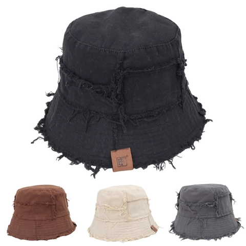 Vintage Cotton Bucket Hat Distressed Frayed Edges Leather Patch Reversible Sun Protection Streetwear For Women