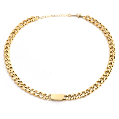 Fashion Stainless Steel Gold Curb Chain Jewelry Set For Women Plain Rectangular Tag Cuban Link Necklace And Bracelet Commuter Jewelry