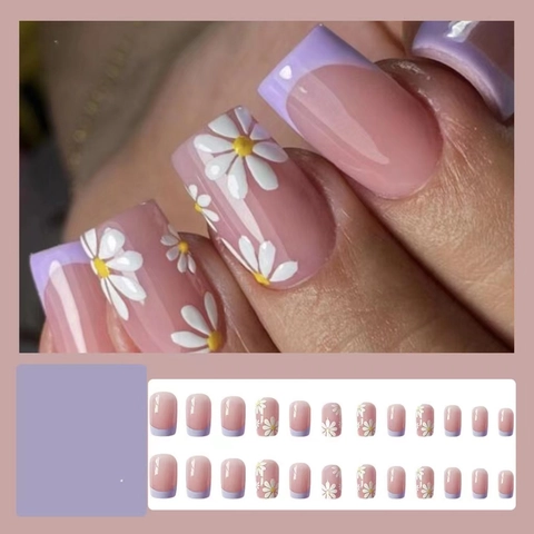 French Press On Nails Purple Tips Sunflower Pattern Short Square Plastic False Nails For Women Daily Wear