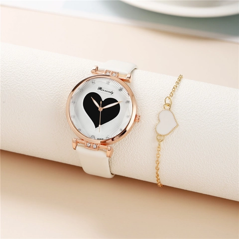 Women Quartz Watch Fashion Heart Pattern PU Leather Strap Alloy Case Rhinestone Accents Casual Elegant Timepiece