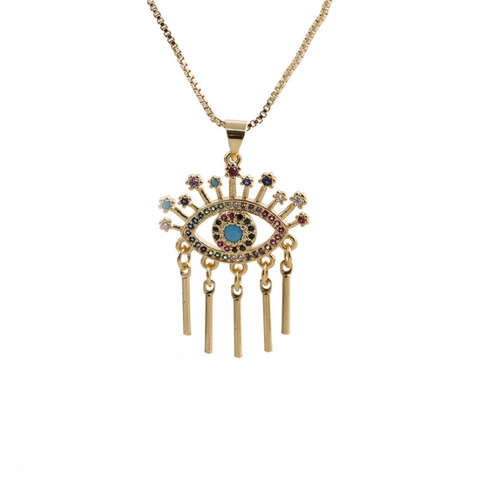 Collier Pendentif Mauvais Œil Cuivre Zircon Strass Inlay Gland Frange Bijoux De Mode Pour Femmes Plaqué Or Style Céleste