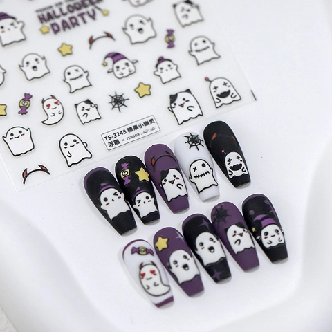 Halloween Nail Stickers 3D Embossed Ghost Candy Patterns Cartoon PET Decals DIY Manicure Party Decorations Fun