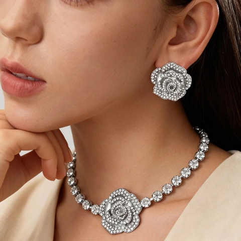 Gioielli Eleganti Collana E Orecchini Con Rosa Di Strass Lega Perno In Argento Per Donna Moda Da Party