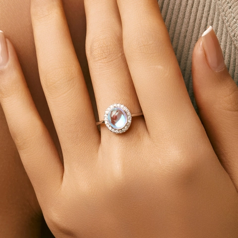 Anillo Pietra Di Luna Argento Sterling 925 Cabochon Ovale Con Halo Di Zircone Gioielli Di Moda Eleganti Per Donne