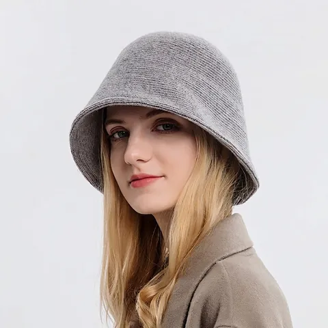 Women Winter Knitted Bucket Hat Solid Color Warm Foldable Cloche Hat Soft Bell Shaped Fisherman Cap
