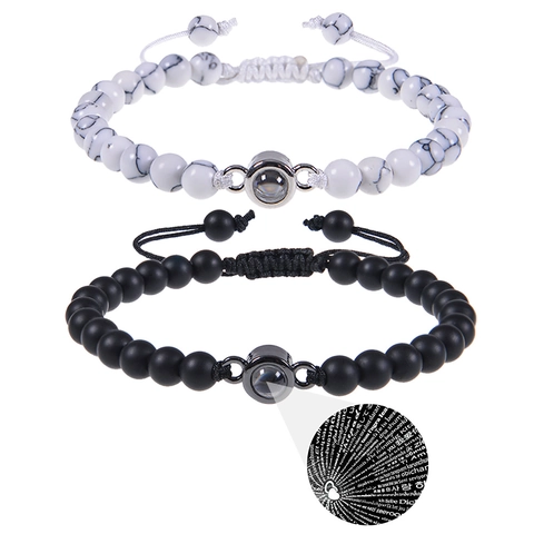 I Love You 100 Languages Projection Bracelet Natural Stone Volcanic Tiger Eye Beads Adjustable Woven Rope Couple Gift
