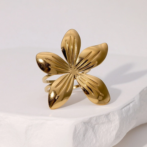 Bague Ouverte Fleur Acier Inoxydable Plaqué Or Ajustable Minimaliste Bijoux Floraux Pour Femmes