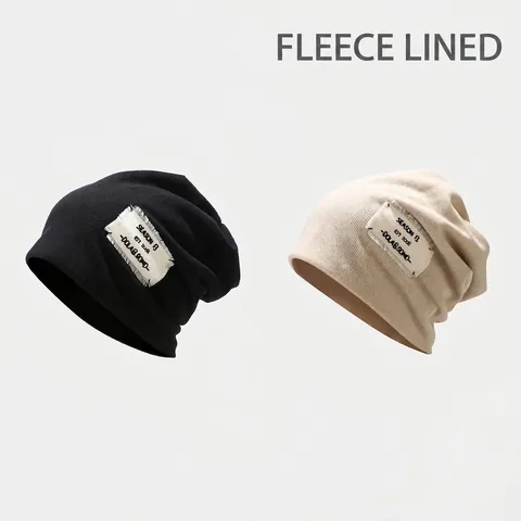 Berretto In Maglia Foderato In Pile Caldo Slouchy Skull Cap Patch Decor Streetwear Per Uomini Donne Inverno All'aperto