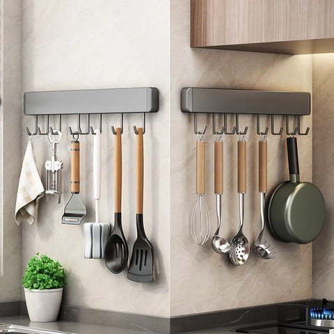Wall Mounted Hook Rack Space Aluminum Punch Free Kitchen Bathroom Organizer Gunmetal Gray Removable Heavy Duty