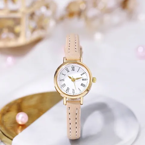 Vintage Women Quartz Watch With Round Gold Case And Thin Faux Leather Strap Elegant Roman Numerals Analog Small Dial