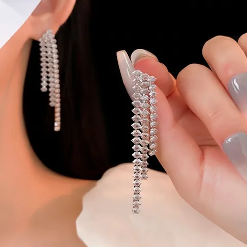 Élégantes Boucles D'oreilles Longues À Pampilles Avec Tige En Argent Alliage Strass Scintillants Bijoux Pour Femme Fête