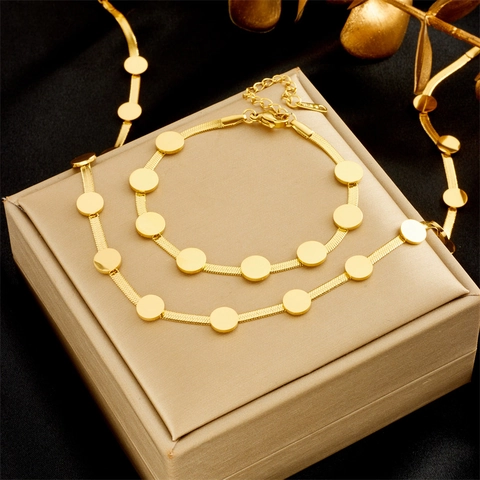 Minimalistisches Vergoldetes Schmuckset Aus Edelstahl Mit Runden Scheiben Elegantes Schlangenkette Halsketten Und Armband Set Für Damen