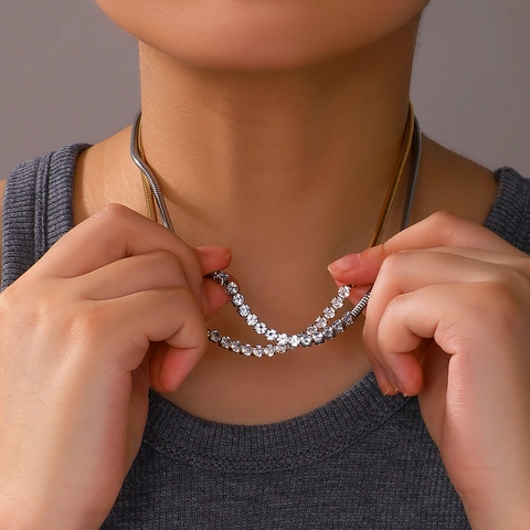 Collana E Bracciale In Acciaio Inossidabile Con Zirconi Scintillanti Catena A Serpente Gioielli Di Moda Per Donna