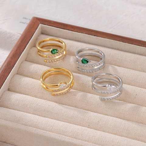 Snake Multi Layer Spiral Ring Titanstahl Birnenform Zirkonia Wassertropfen Stein Verstellbarer Modeschmuck Für Damen