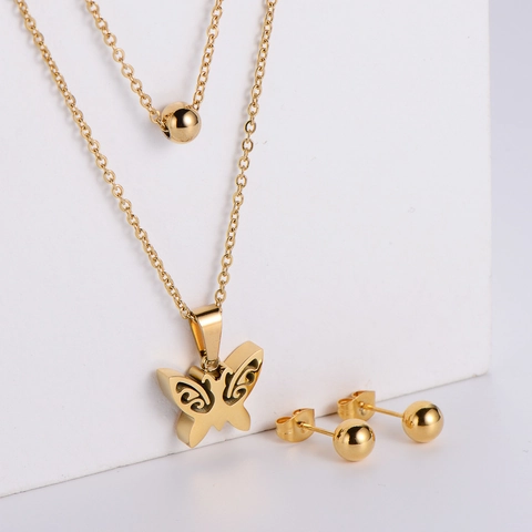 Stainless Steel Butterfly Pendant Double Layer Necklace And Ball Stud Earrings 18K Gold Plated Women Minimalist Fashion