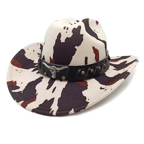 Cappello Da Cowboy Western Stampa Mucca Leopardo Tesa Larga Poliestere Con Testa Di Toro Metallo Borchie Vintage