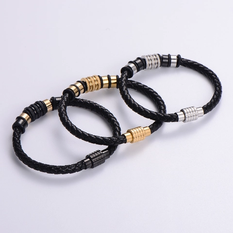 Bracciale In Pelle Intrecciata Con Chiusura Magnetica In Acciaio Inossidabile 316L Intarsio Di Zircone Stile Punk Per Uomo