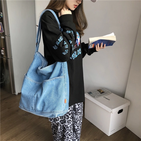 Große Schultertasche Aus Gewaschenem Denim Retro Street Style Lässige Alltagstasche Crossbody Mit Fronttaschen