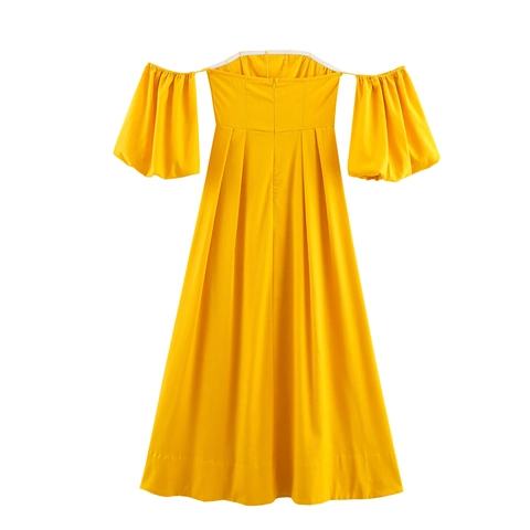Elegant Off Shoulder Puff Sleeve Maxi Dress High Waist Solid Yellow Polyester A-Line Long Flowy Evening Party Dress