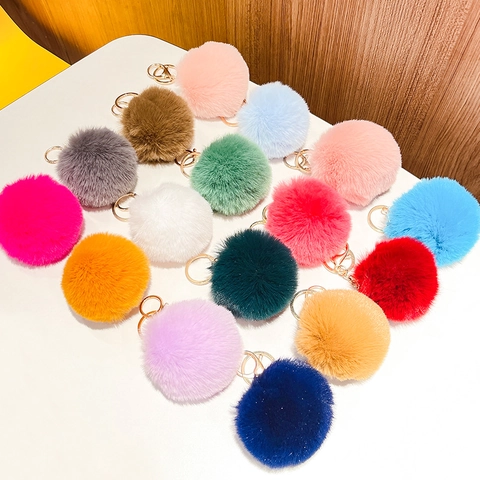 Porte-clés Pompon en Imitation Fourrure de Lapin Rex Boule en Peluche Douce Avec Boucle en Alliage Doré Bijou de Sac Femme Mignon