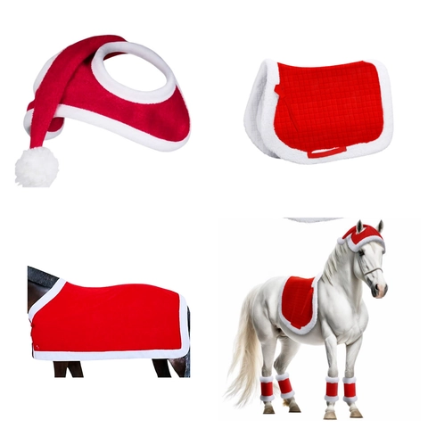 Pferd Weihnachts Kostüm Zubehör Polarfleece Plüsch Hut Beinschützer Decke Sattelunterlage Festliche Party Deko Rot Weiß