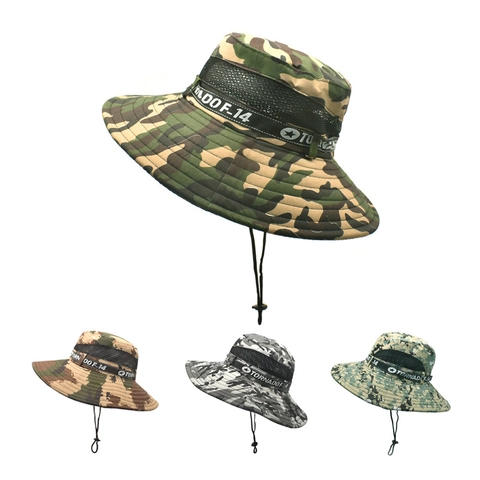 Wide Brim Camouflage Boonie Hat Polyester Mesh Breathable Outdoor Fishing Hiking Sun Hat With Adjustable Chin Strap