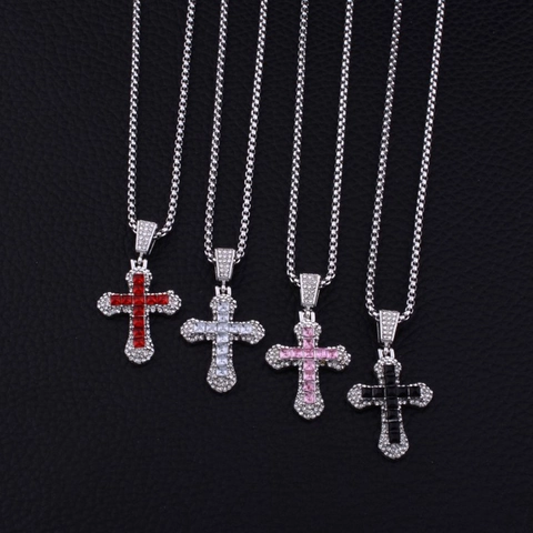 Collar Con Colgante De Cruz De Acero Inoxidable Con Piedra De Zirconia Cuadrada Colorida Joyería Religiosa Hip Hop