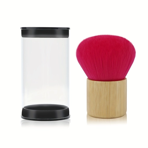 Pennello Per Cipria Kabuki Portatile Con Morbide Setole Rosse Sintetiche E Manico In Bambù Naturale Per Viso
