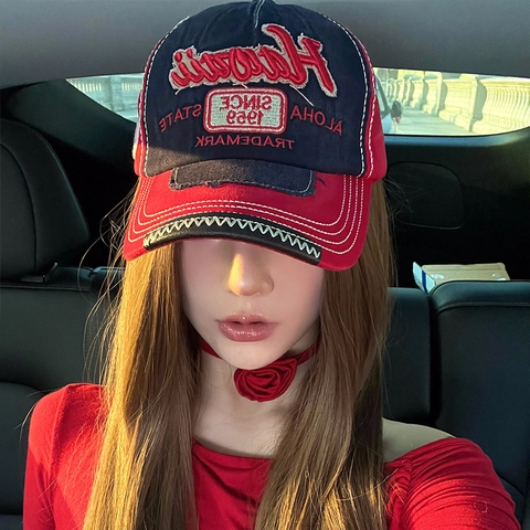 American Vintage Washed Distressed Baseball Cap Hawaii Embroidered Adjustable Contrast Color Sunshade Hat For Men Women